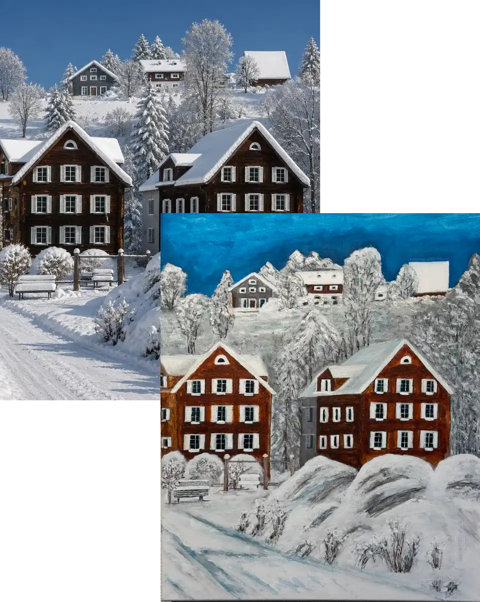 Vergleich zwischen dem Foto von 2 Kosthäusern in Hagendorn zum Gemälde von Ursus Gasser